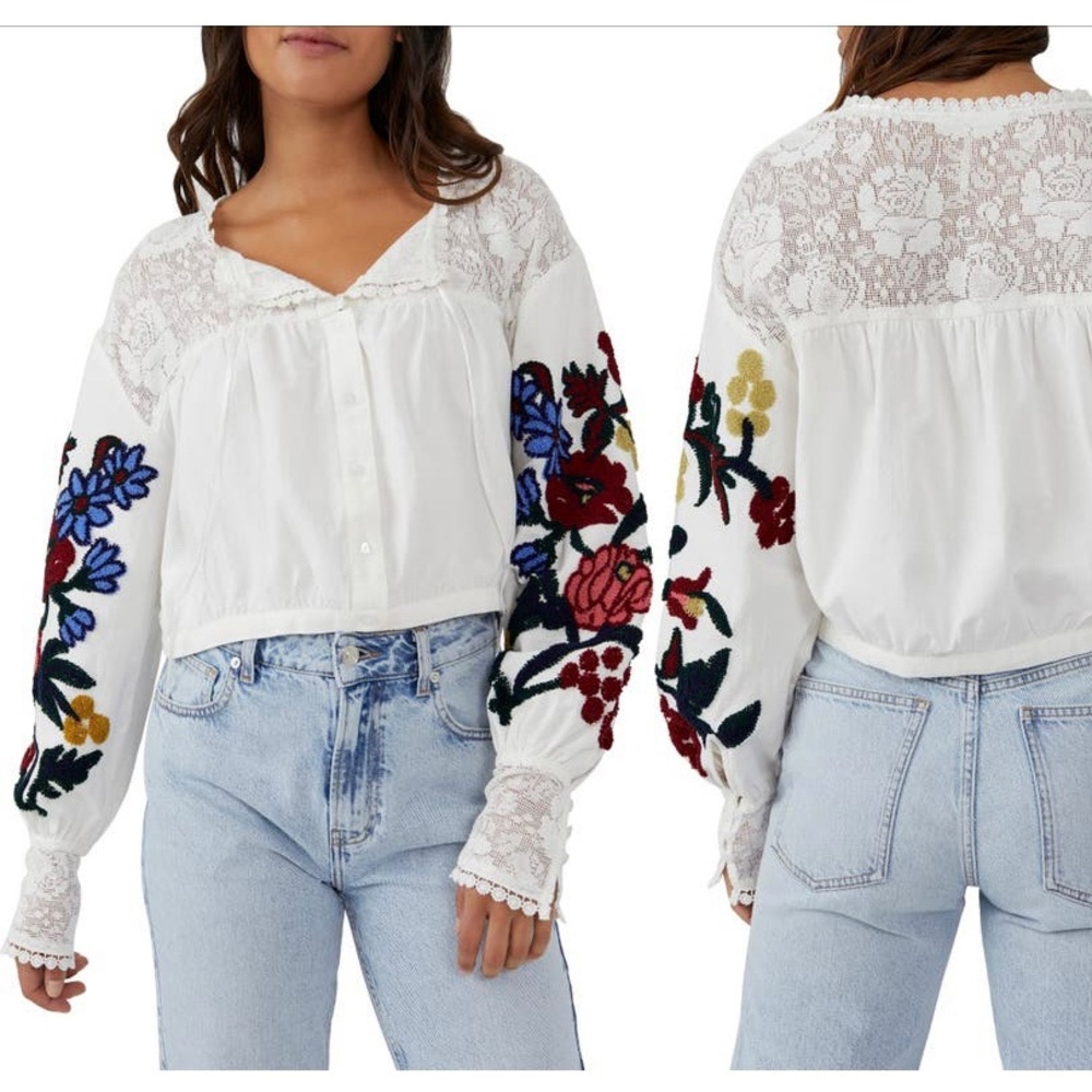 Free People Meadows Embroidered Cotton Long Sleeve Top